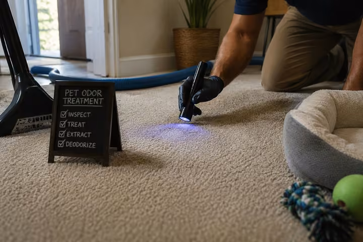 All Together Carpet Cleaning technician inspecting suspected pet spots with a UV light