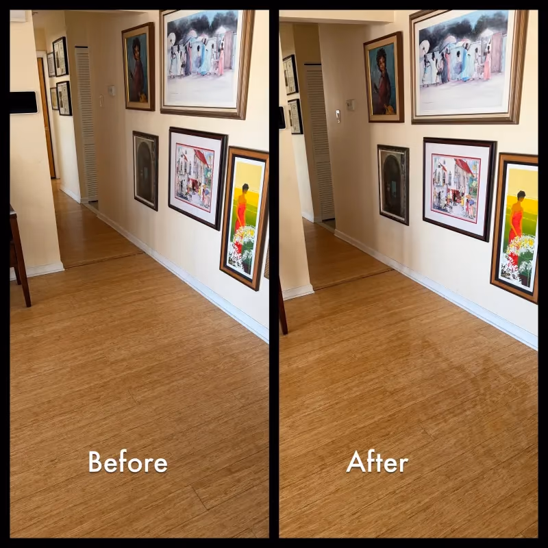 Before and after wood floor cleaning showing golden hardwood planks — Lehigh Valley, PA