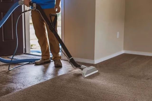 Professional carpet cleaning technician using a hot water extraction wand on residential carpet